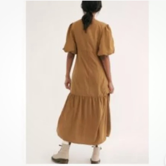 Free People High Low Tobacco Tan Brown Puff Sleeve MIDI Dress size Large - Picture 3 of 15